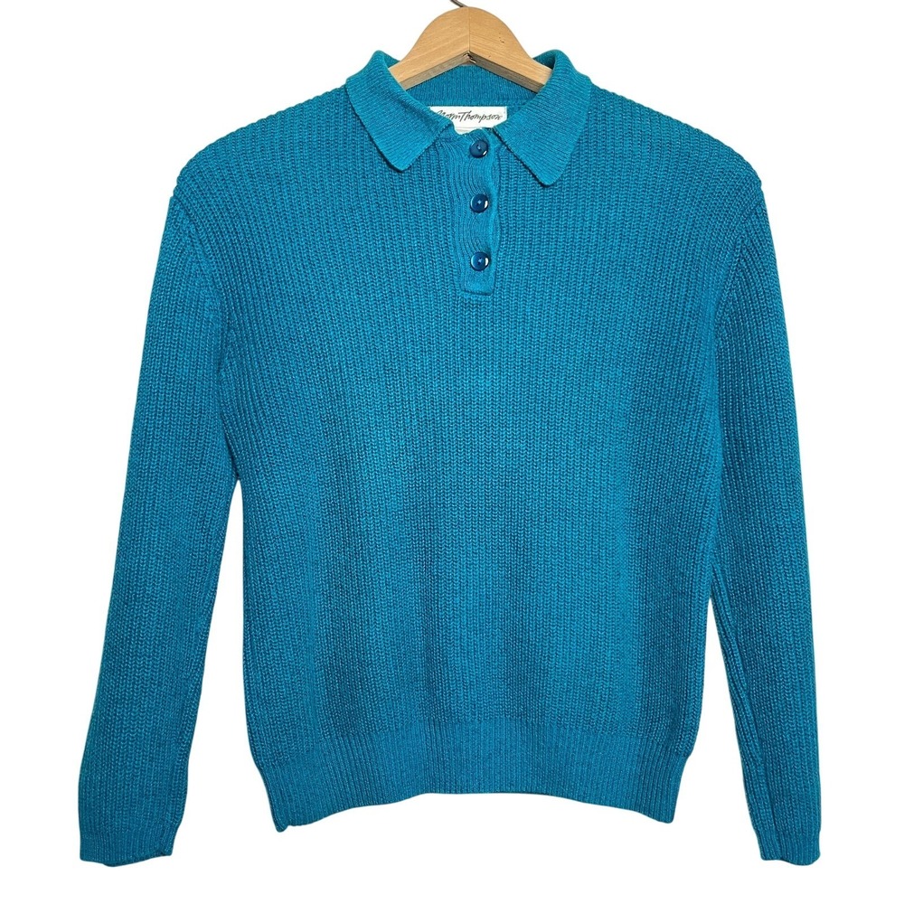 Vtg Norm Thompson Teal Linen Cotton Henley‎ Sweater Sz Xs